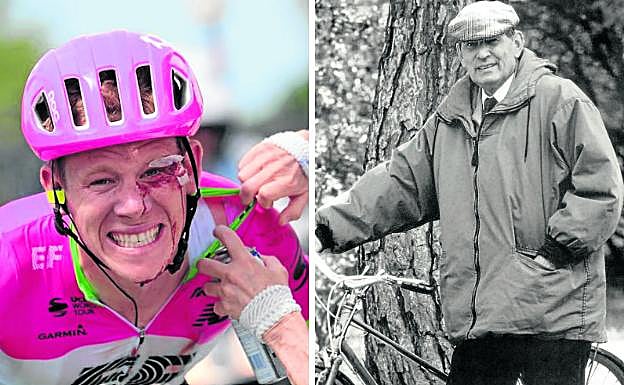 A la izquierda, Craddok, del Education First, recibe ayuda médica en el pasado Tour. A la derecha, el escritor Miguel Delibes, quien utilizó la bicicleta como medio de transporte y fuente de historias. 