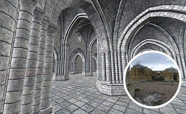 En grande, reconstrucción en 3D del monasterio de Matallana. En pequeño, estado actual de la zona, ubicada en Villalba de los Alcores. 