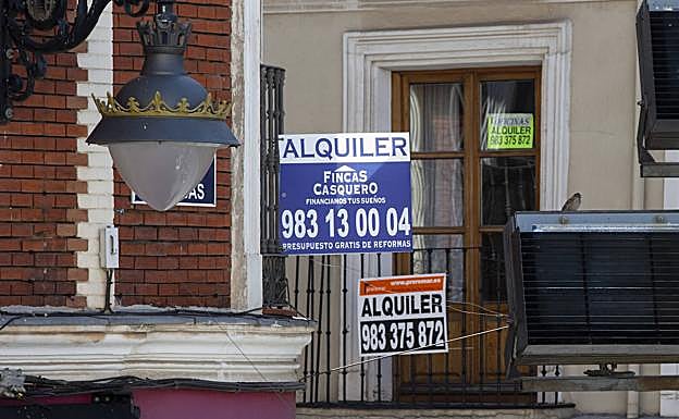 Carteles que anuncian el alquiler de pisos y oficinas en el centro de Valladolid. 