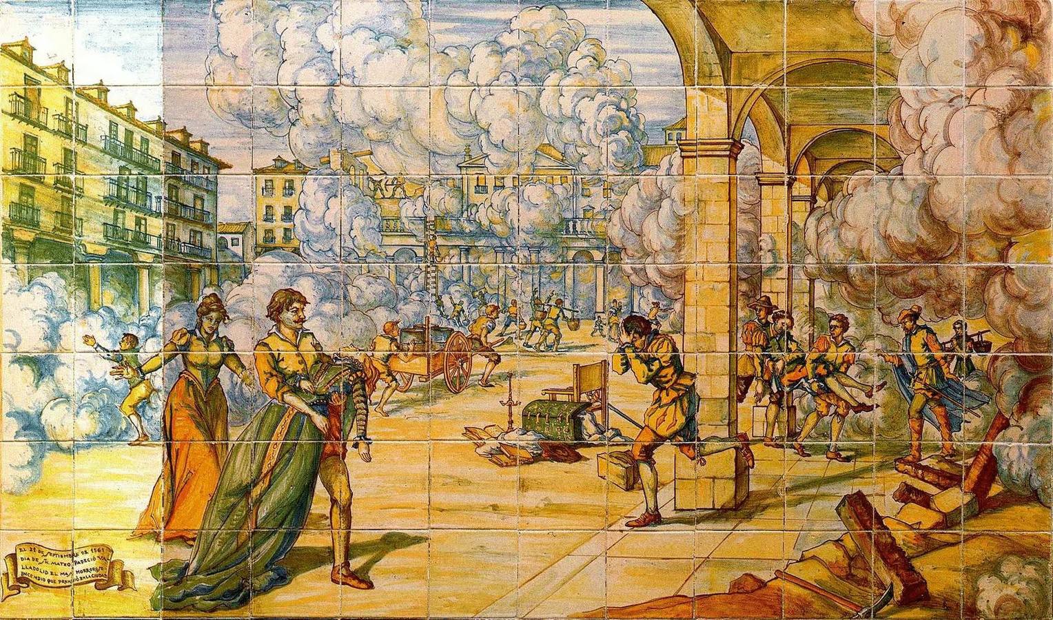 Un azulejo en el zaguán de la Diputación ofrece una imagen idealizada del incendio ocurrido en el festividad de San Mateo del 1561.