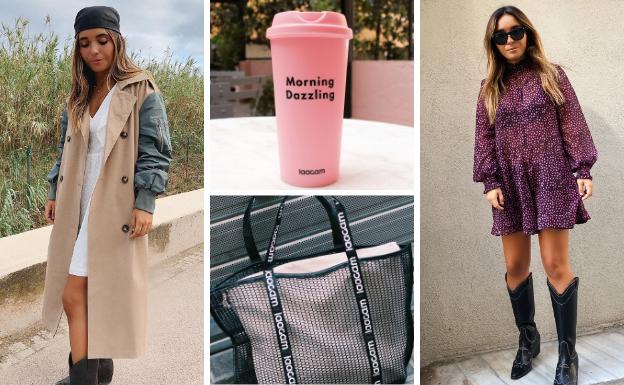 Inés Arroyo hace de modelo para su 'trench' bomber (79 euros) y el vestido estampado (49). En su tienda comercializa desde tazas (9 euros) a bolsas shopper (34).