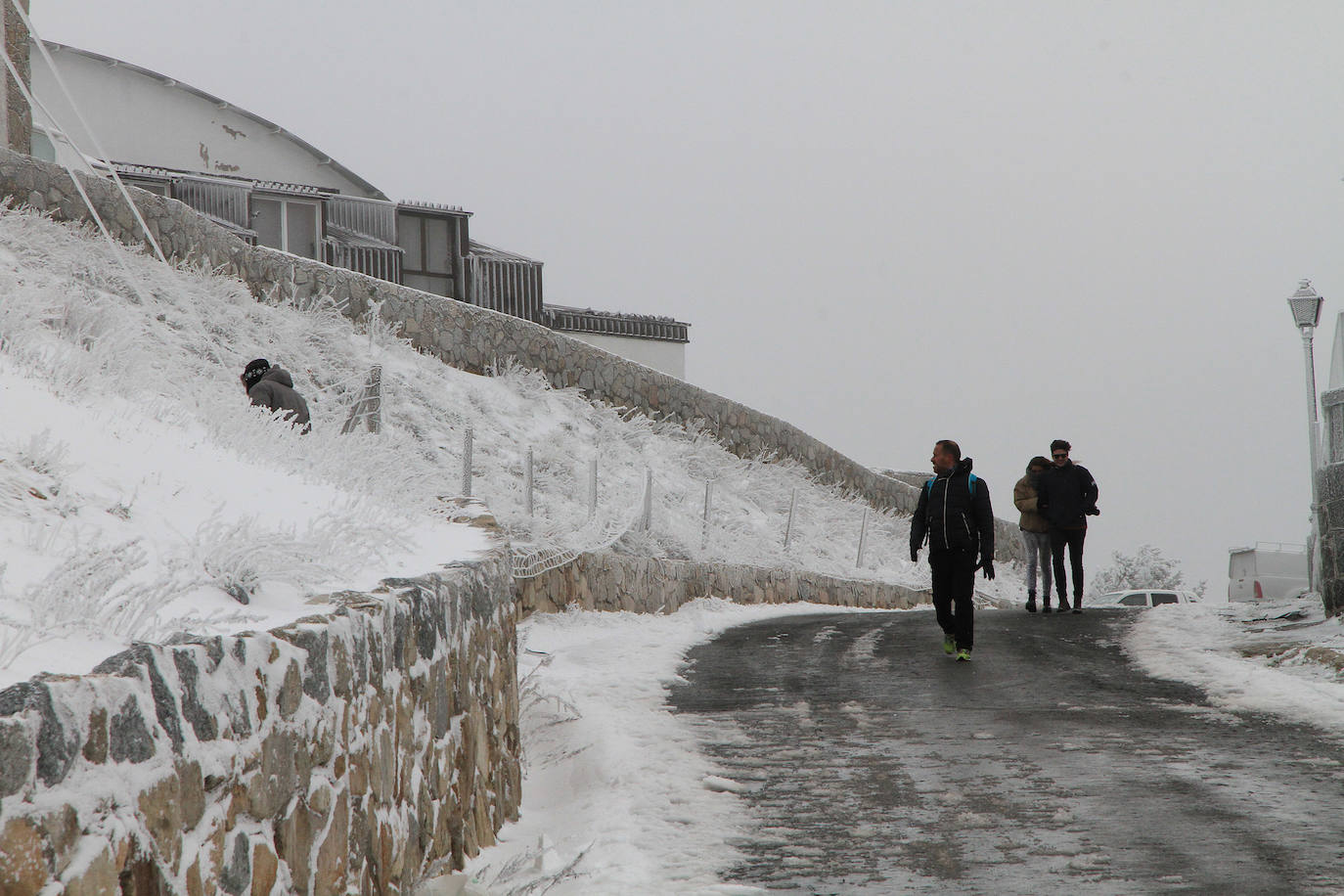 Niebla y nieve en el puerto de Navacerrada.