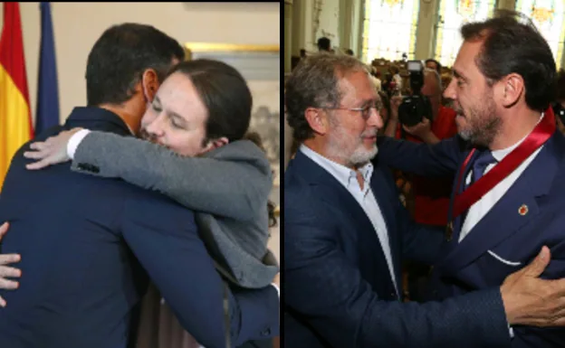 Abrazo entre Pedro Sánchez y Pablo Iglesias. A la derecha, abrazo entre Saravia y Puente el pasado 15 de junio. 