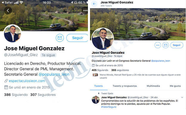 Antes y después en twitter; a la izquierda ofreciendo su titulación como licenciado en Derecho. A la derecha, la misma red social tras ser consultado por leonoticias y ya con la licenciatura eliminada de su perfil.