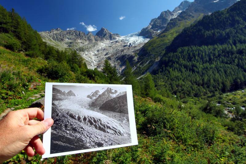 Otra perspectiva del glaciar Trient tomada en 1891 y publicada por la Biblioteca ETH de Zúrich. Se muestra también el mismo lugar el 26 de agosto de 2019.