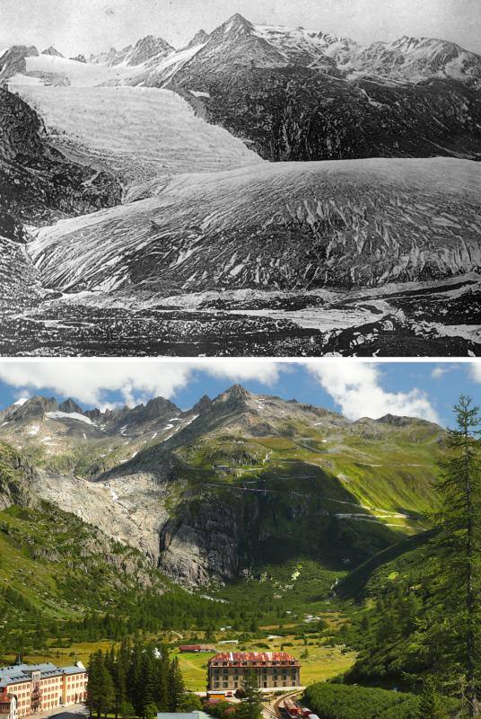 En esta imagen se muestra el glaciar Rhone como estaba en 1849 (arriba), visto desde Gletsch en Obergoms (Suiza) y el 21 de agosto de 2019 (abajo).