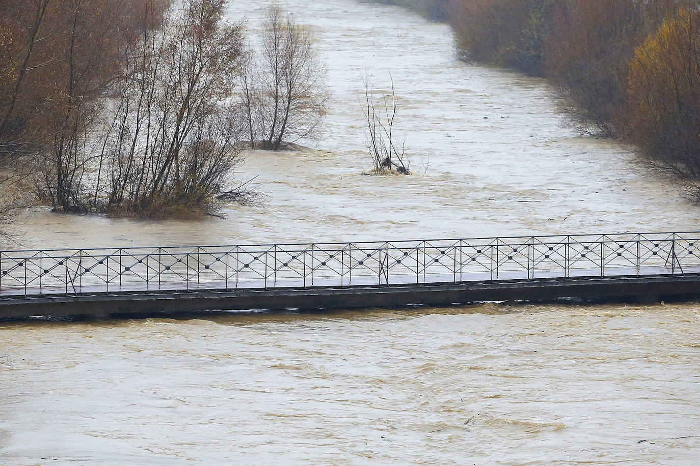 Crecida del río Bernesga a su paso por la capital leonesa. En la imagen, una de las pasarelas cerradas al público por precaución