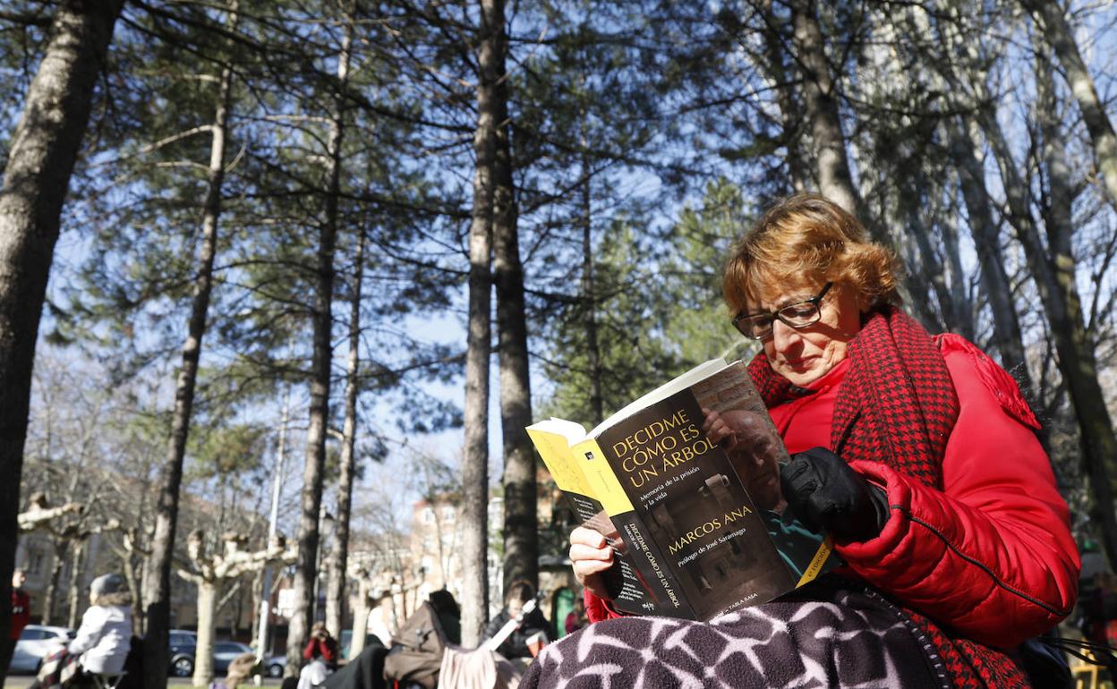 Una de las participantes en la protesta leyendo en el parque de Los Jardinillos. 