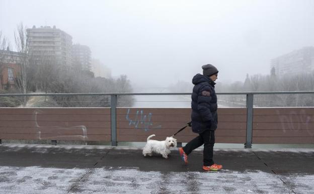 Un peatón cruza el puente de la Plaza Poniente 