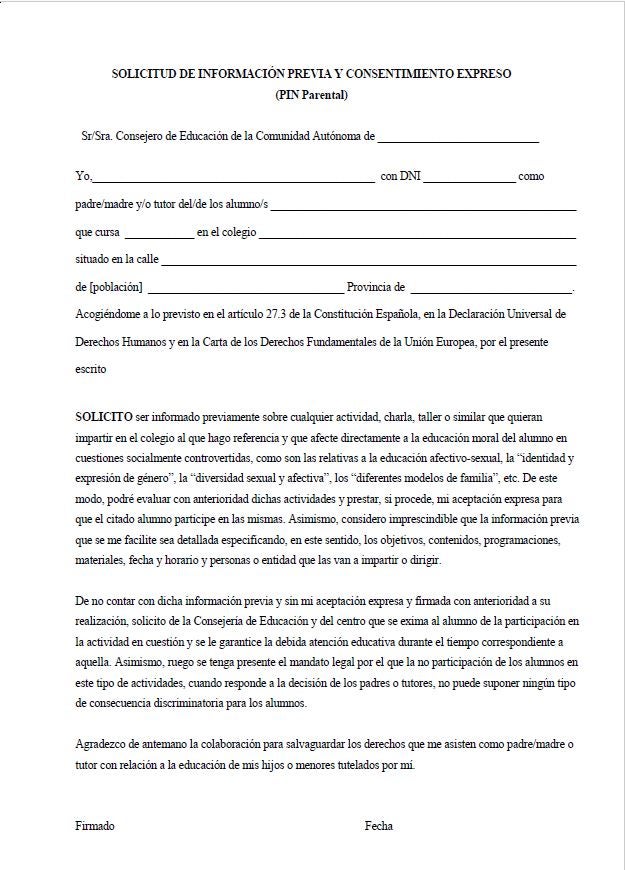 Documento distribuido por la asociación Hazte Oír conocido como pin parental. 