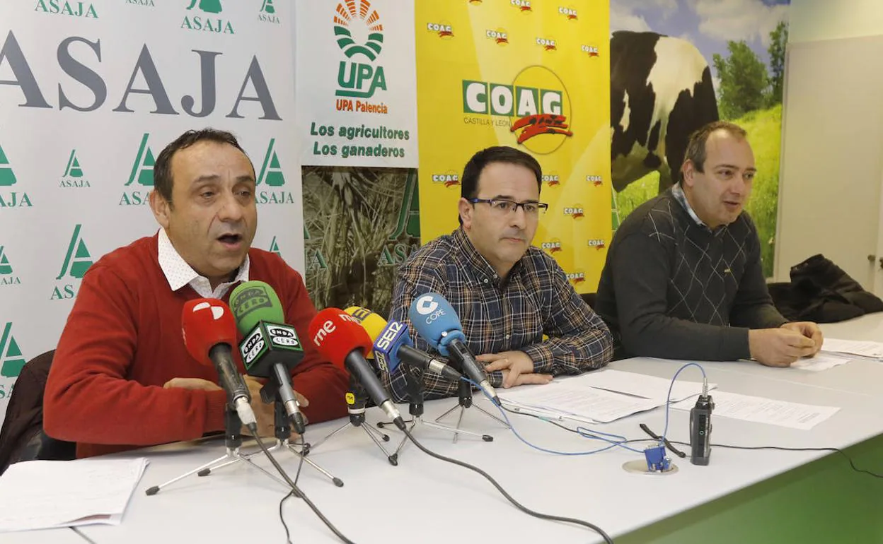 Honorato Meneses (Asaja), Raúl Azpeleta (UPA) y David Tejerina (Coag), durante la rueda de prensa conjunta de las tres organizaciones agrarias.