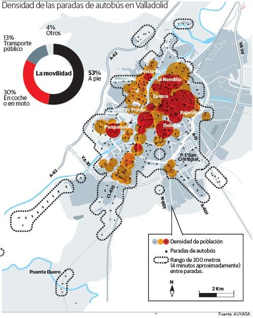 Mapa de la distribución de paradas de autobús en Valladolid. 