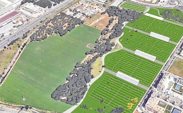 Simulación de los campos de fútbol que compondrán la futura Ciudad Deportiva del Real Valladolid en Pinar de Jalón