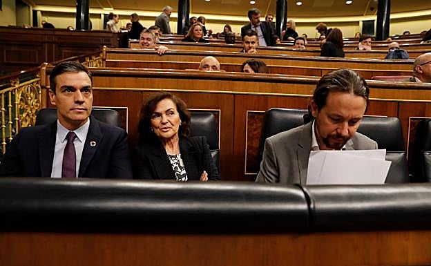 Pedro Sánchez, Carmen Calvo y Pablo Iglesias, en el pleno del Congreso de los Diputados 