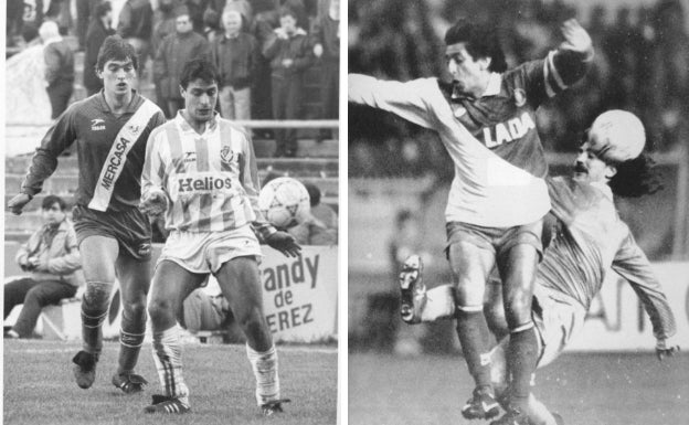 A la izquierda, Moya protege el balón ante el Rayo Vallecano en un partido de la temporada 1989-1990. A la derecha, Enrique Moreno va al suelo ante el Mónaco en la Recopa de Europa.