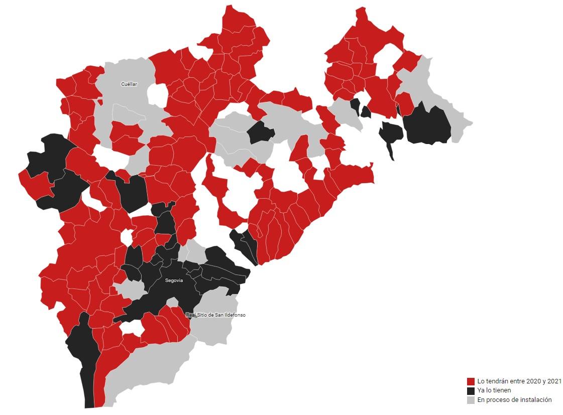 Mapa con la cobertura de fibra óptica en la provincia.