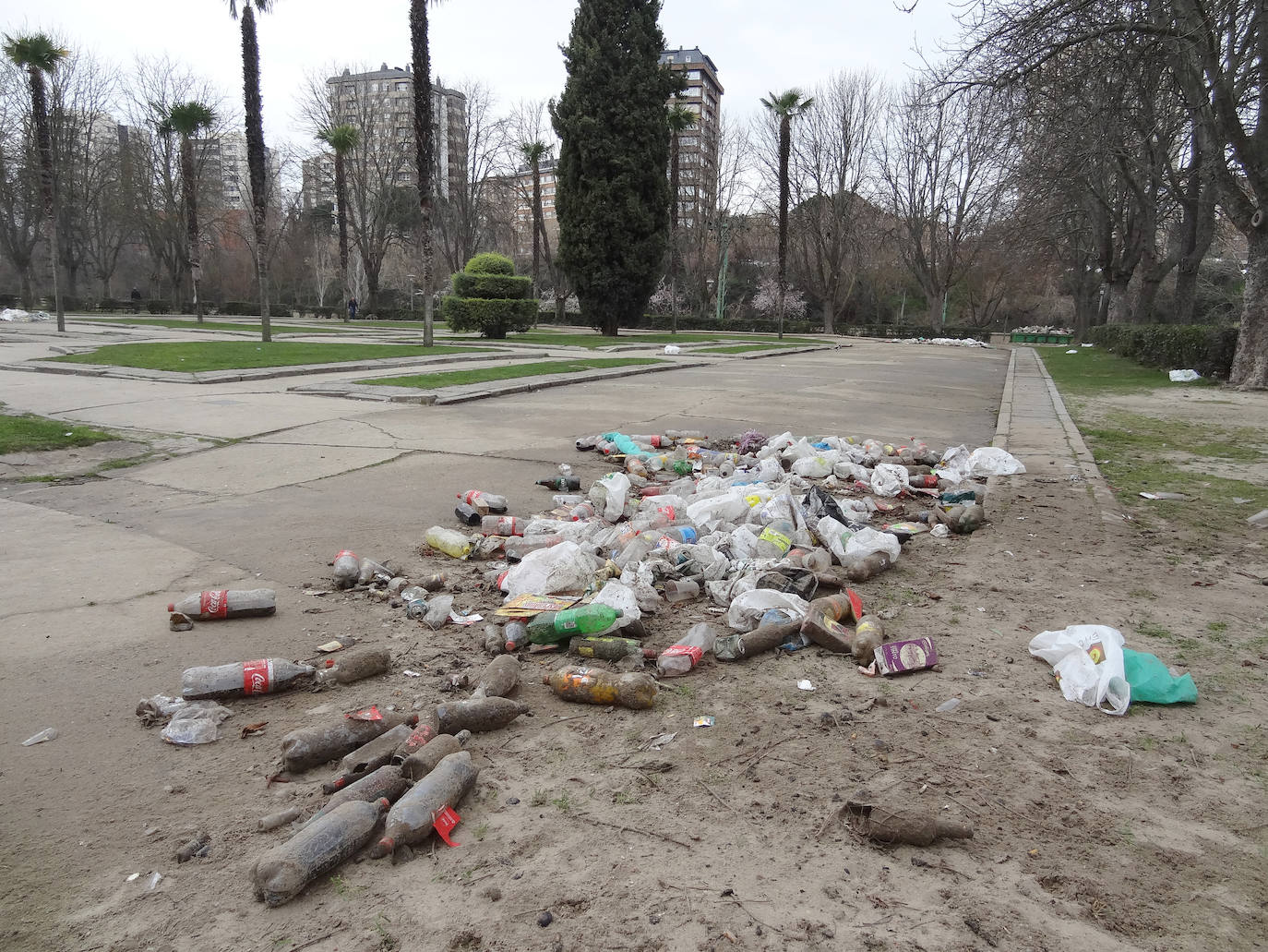 Restos del botellón de carnaval realizado por los jóvenes de la ciudad en el entorno de Las Moreras y La Rosaleda han dejado numerosos desperfectos y además, grandes cantidades de basura