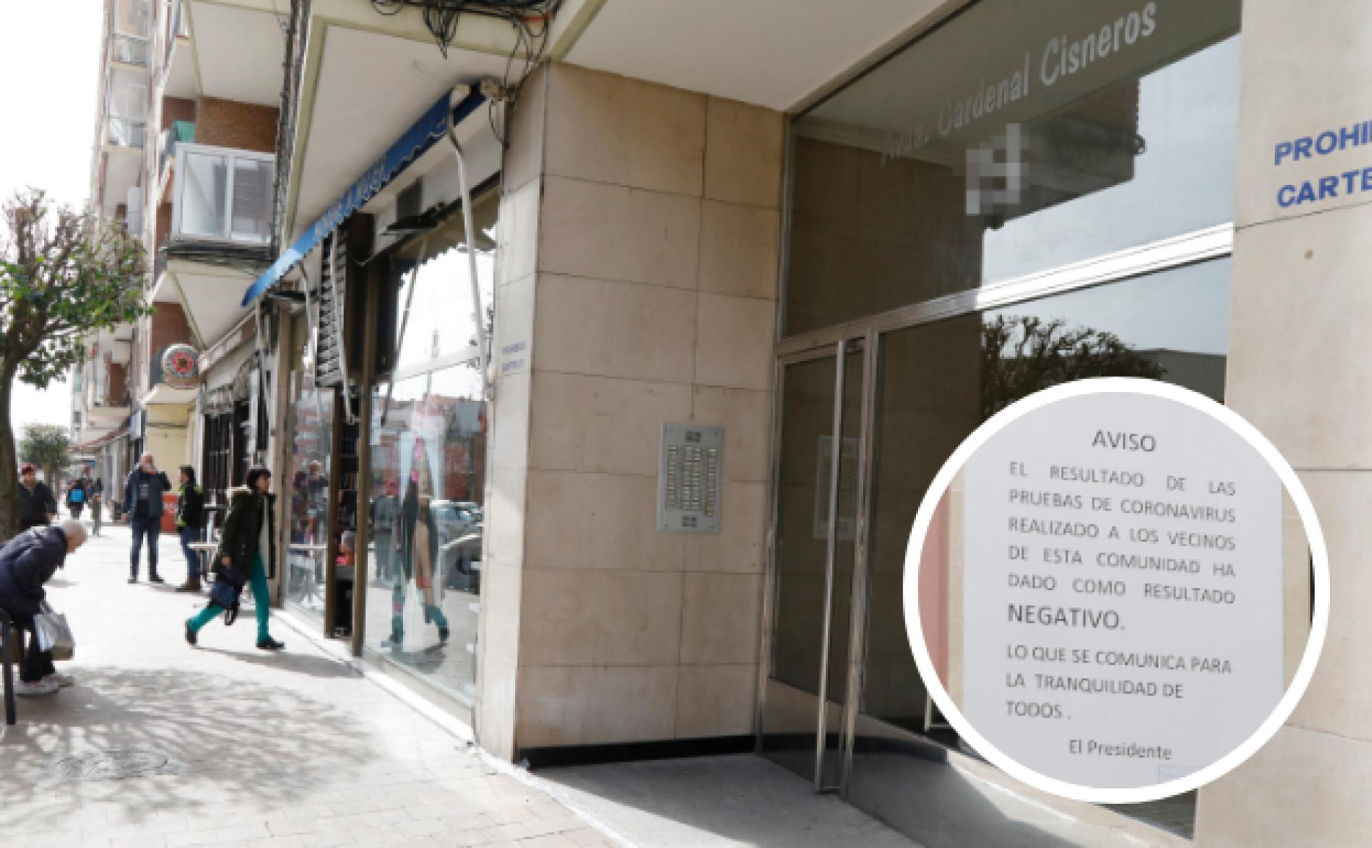 La avenida Cardenal Cisneros, este viernes y el cartel firmado por el presidente de la comunidad en la que residen los dos afectados. 