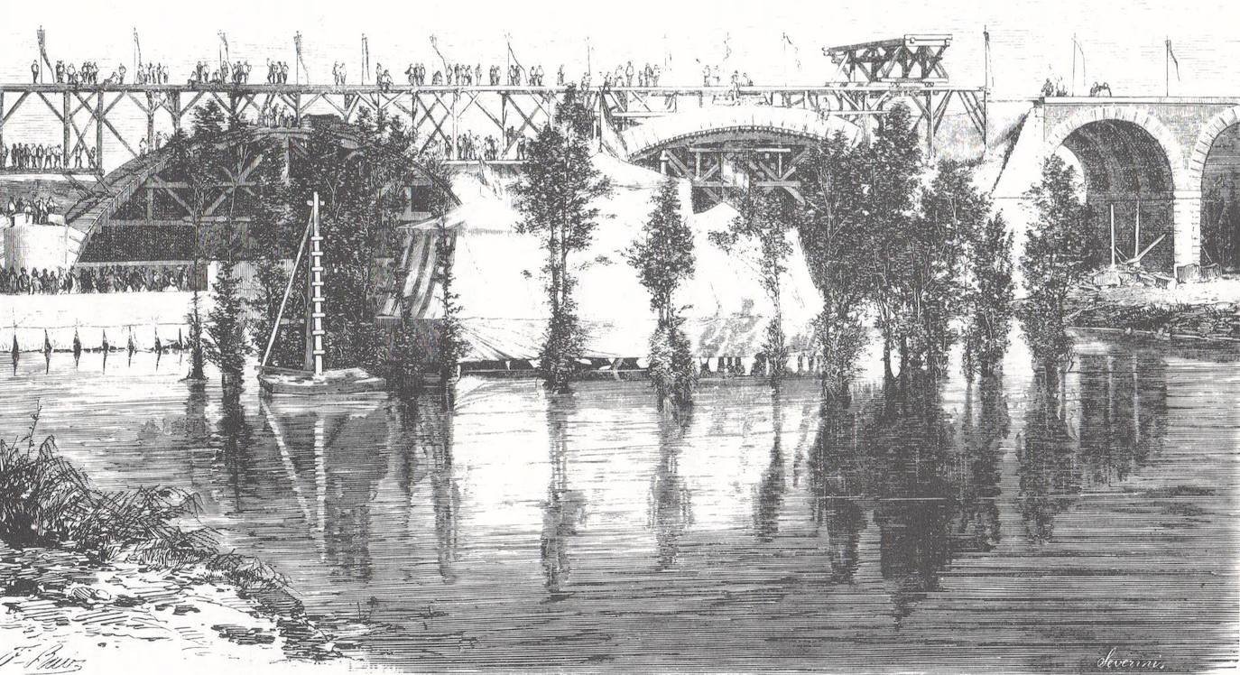 Grabado que reproduce la reparación de uno de los ojos del Puente Mayor, destruido por los franceses en 1812.