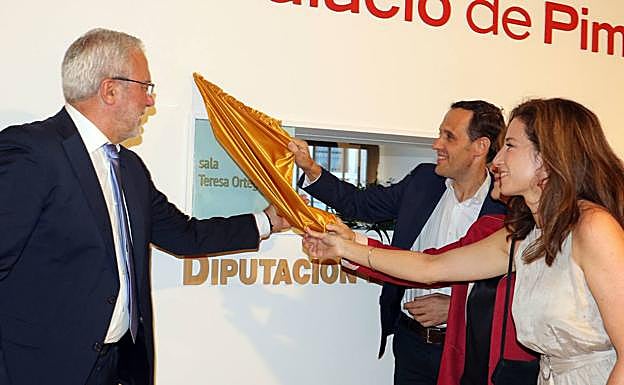 Descubrimiento de la Placa en la sala de Pimentel con el nombre de Teresa Ortega Coca. A la izquierda, su hijo, Fernando Morán; su hija, Marta Morán; y el Presidene de la Diputación, Conrado Íscar. 