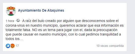 Mensaje de la cuenta de Facebook del Ayuntamiento de Ataquines.