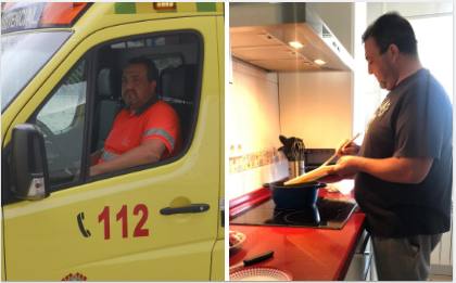 Fernando González conduce una ambulancia del 112; a la derecha, en su cocina.