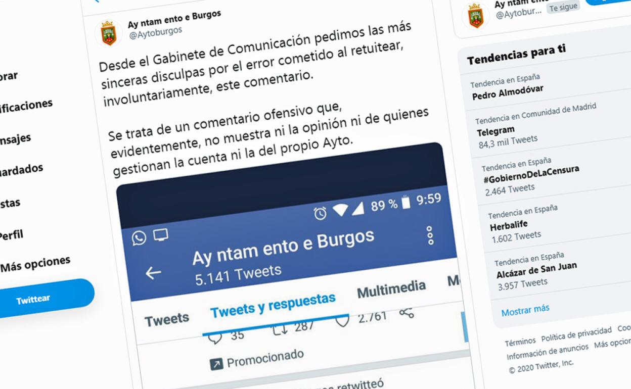 Tuit de disculpa del Ayuntamiento de Burgos.