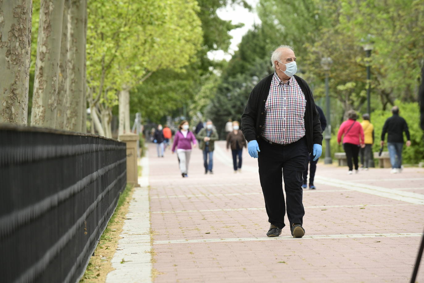 Las personas mayores salen a pasear en Valladolid en el primer día de desescalada. 