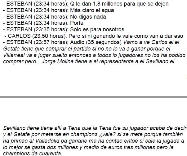 Pantallazo de la charla que aparece en el auto judicial entre Carlos Aranda y Paco Esteban en la que hablan del supuesto pago del Getafe al Villarreal porque pierda en el último partido de liga.