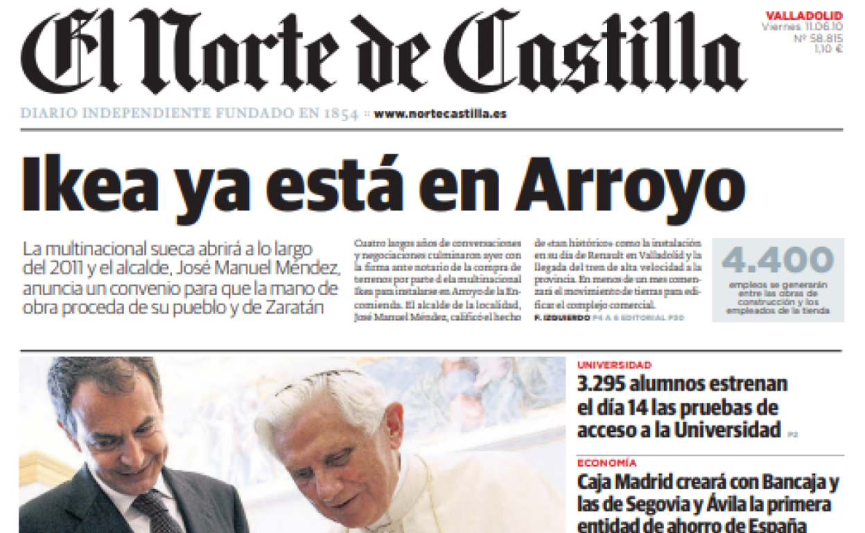 Portada de El Norte de Castilla del 11 de junio de 2010. 