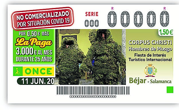 Cupón de la ONCE en el que se muestra a los Hombres de Musgo de Béjar.
