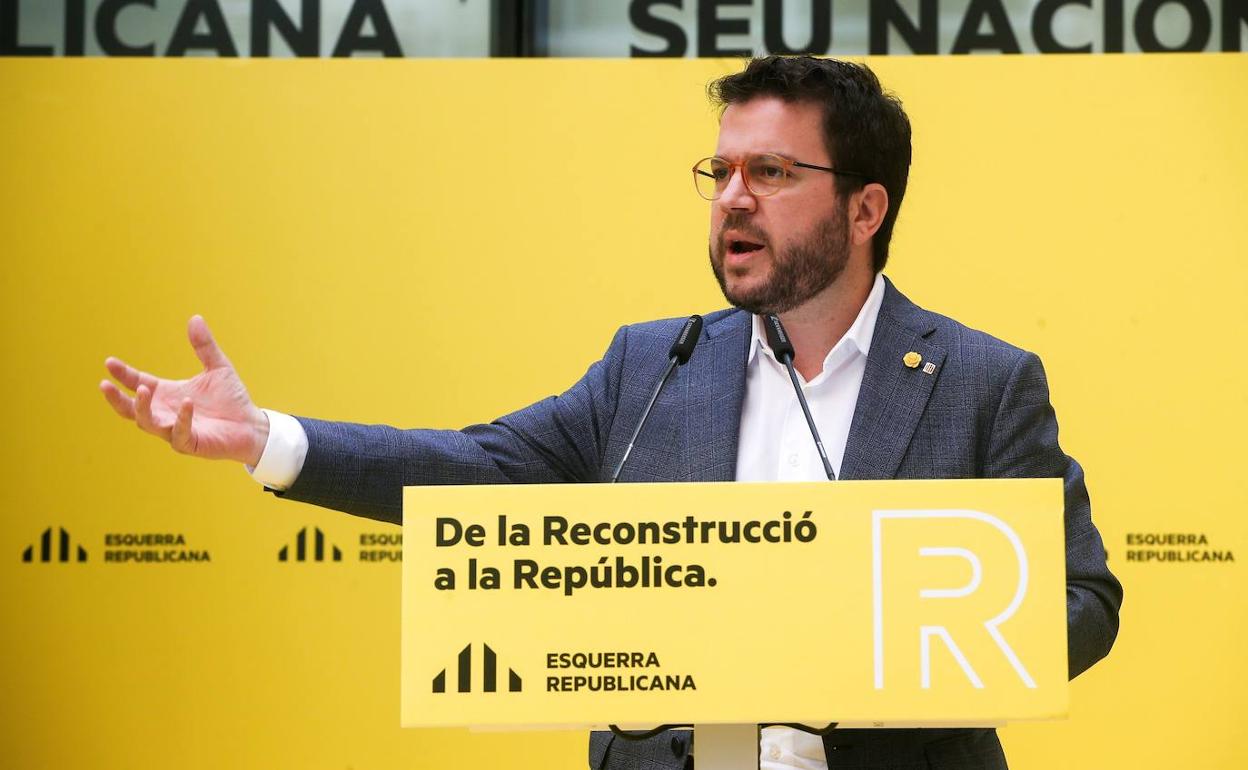 El vicepresidente de la Generalitat, Pere Aragonès, interviene durante un acto de Esquerra este fin de semana en Barcelona.