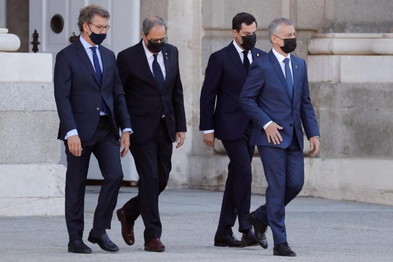 El presidente del Gobierno Vasco Iñigo Urkullu (d), el presidente de la Generalitat de Cataluña, Quim Torra(2i), el presidente de la Junta de Galicia, Alberto Núñez Feijóo (i), y el presidente de la Junta de Andalucía, Juan Manuel Moreno (2i)