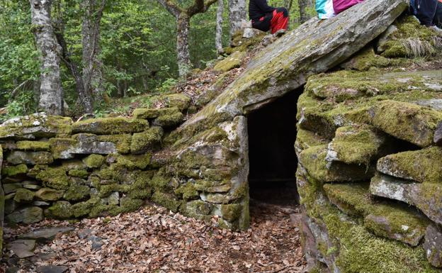 Imagen principal - Chozo Tonino, uno de los refugios de pastor que se pueden encontrar por este entorno natural. Abajo, el puente romano de Rojadillo y un haya de gran porte de las que se encuentran por la zona. 