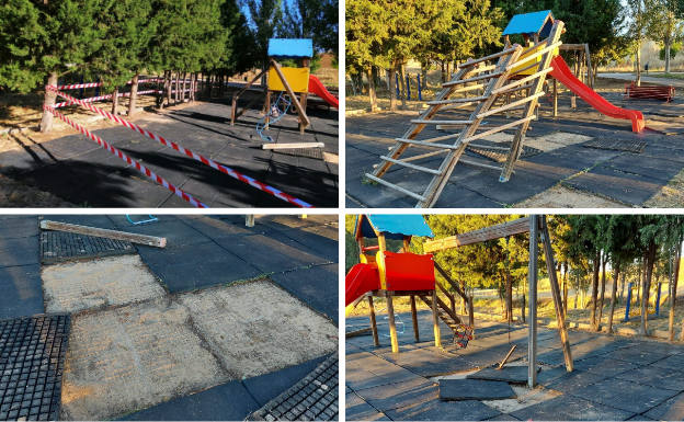 Varias imágenes de los destrozos en el parque infantil de Roda de Eresma.