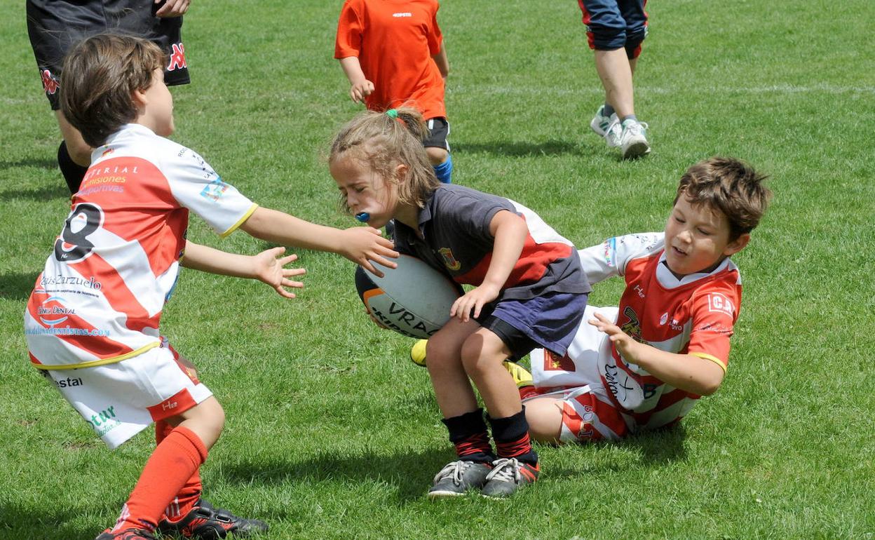 Varios niños jugando a rugby.