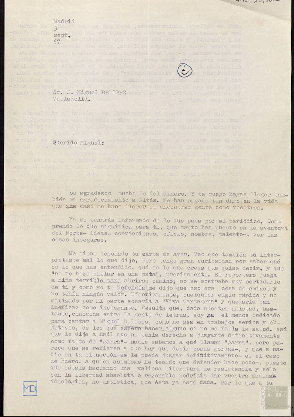 Carta de Umbral a Delibes. 03.09.67. Agradeciendo a El Norte su generosidad durante su enfermedad y tratando de aclarar el entuerto Raúl del Pozo (1/2)