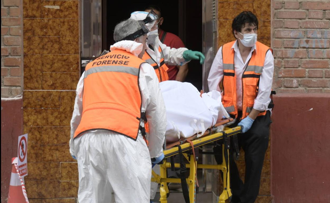 Empleados del Instituto de Medicina Legal trasladan el cadáver.