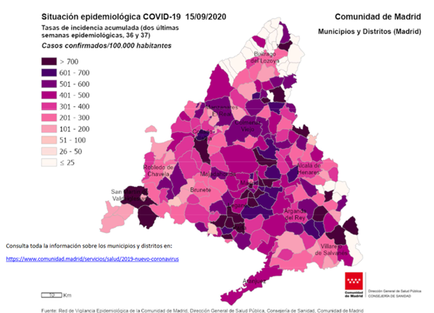 Mapa actual de incidencia en la Comunidad de Madrid. Fuente Informe de situación actual del Covid de la Comunidad de Madrid del 18/9