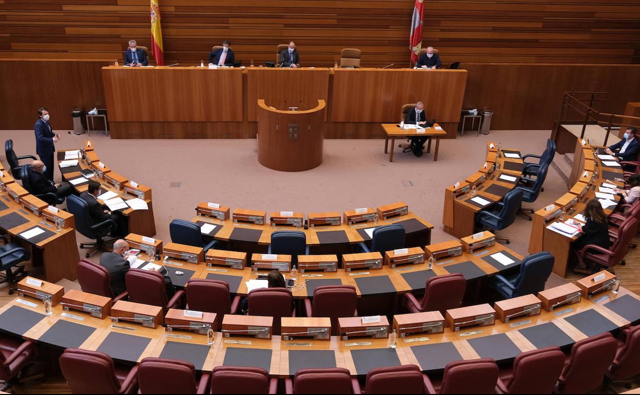 El hemiciclo, prácticamente desierto por las restricciones de aforo. La mayor parte de los procuradores lo siguieron desde sus despachos. 