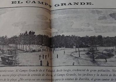 Imagen secundaria 1 - Suplemento de fiestas editado por El Norte en septiembre de 1895, fotografías de la Acero de Recoletos (con la construcción de la fuente de Zorrilla el mismo año) y fotografía en el Paseo de Zorrilla, en 1914.