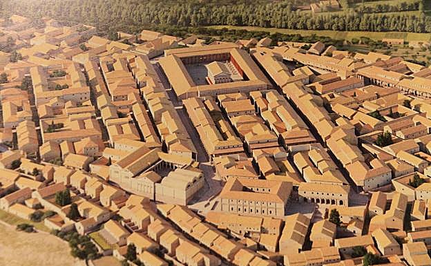 Posible casco urbano de Segovia en el siglo II, con el foro municipal al fondo y las termas de San Martín en primera plano. 