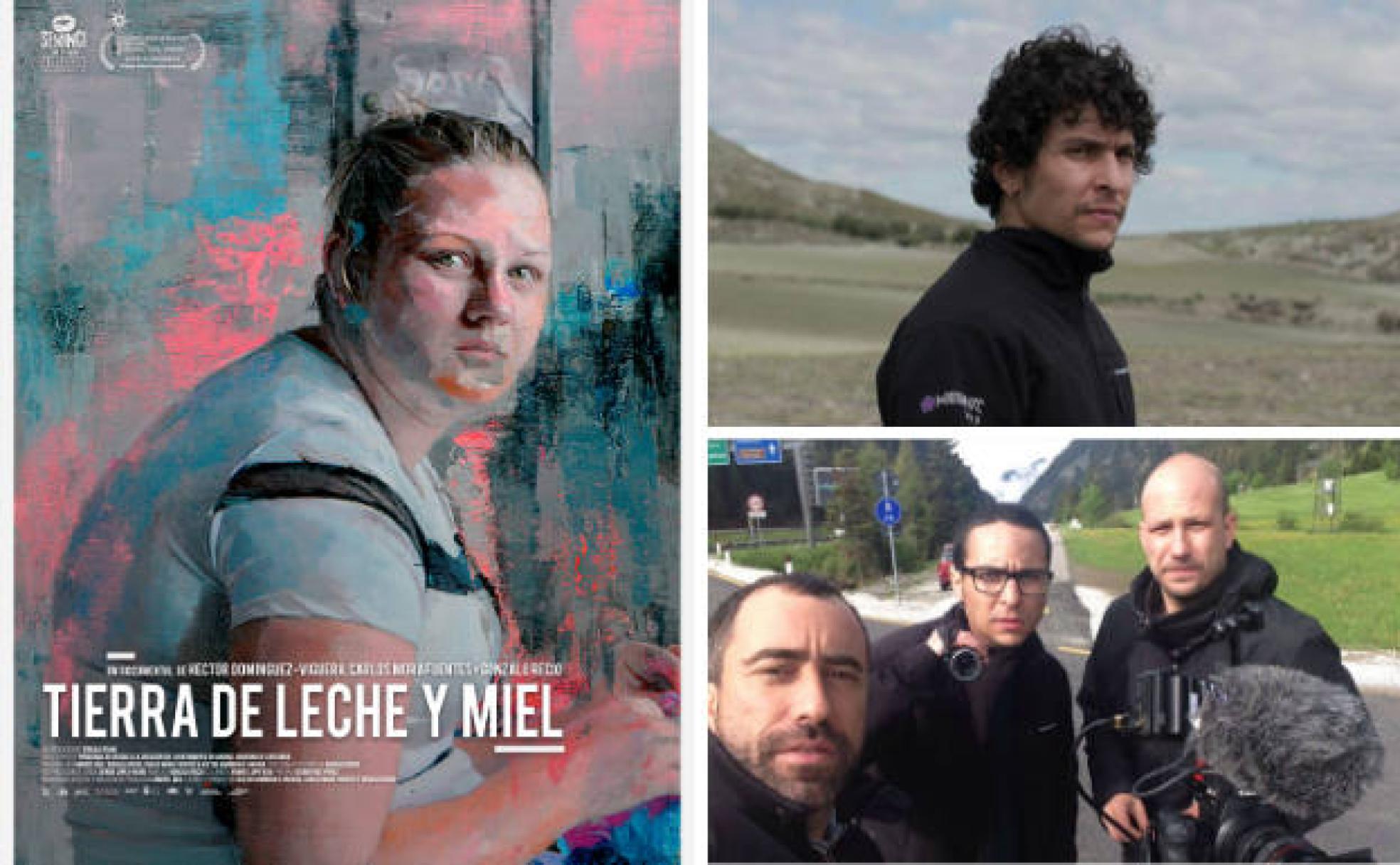 A la izquierda, cartel del documental 'Tierra de leche y miel', que concursará en la 65ª Seminci. Arriba a la derecha, el director de cine Héctor Domínguez-Viguera. Abajo, Carlos Mora, Héctor Domínguez-Viguera y Gonzalo Recio. 