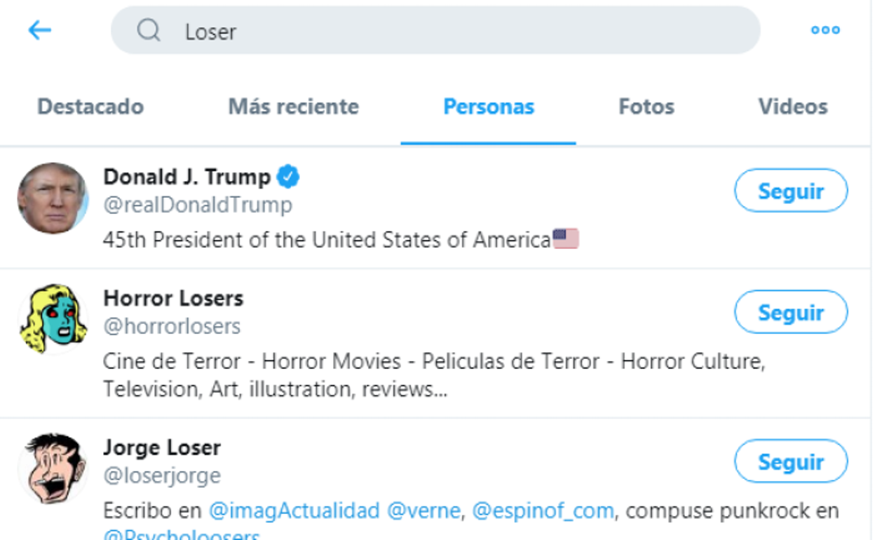 Captura de Twitter con la búsqueda 'loser'