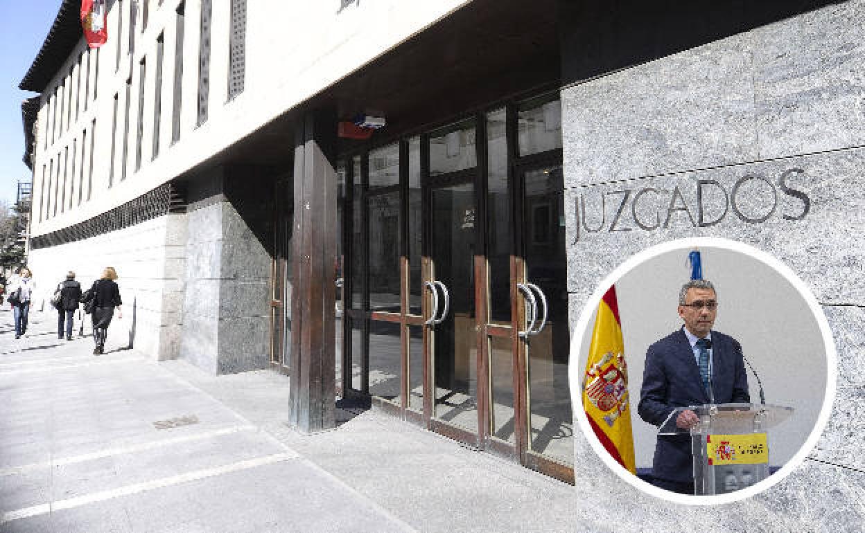 Juzgados de Valladolid. Abajo, a la derecha, el delegado del Gobierno en Castilla y León, Javier Izquierdo.