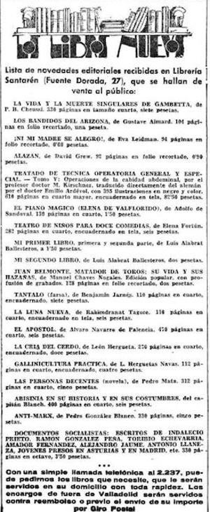 Listado de novedades en la librería Santarén, en diciembre de 1935. 