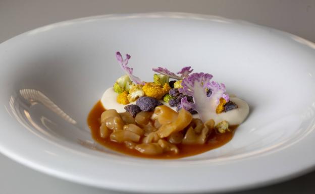 Crema de coliflor con callos de bacalao y coliflores de colores fritas. 