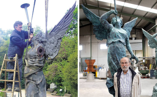 A la izquierda, desmontaje de la escultura de la Fuente de la Fama en el Campo Grande en abril de 2008. A la derecha, Andrés Coello, en la nave de Aldeamayor de San Martín, junto a la restaurada escultura.