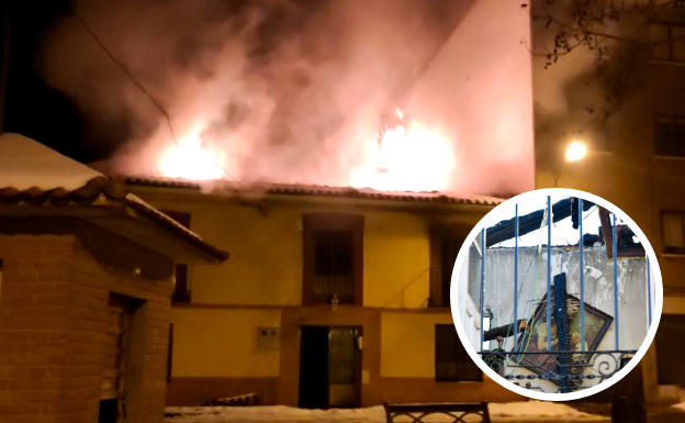 Llamas a primera hora de la mañana; en pequeño, algunos de los daños del incendio.