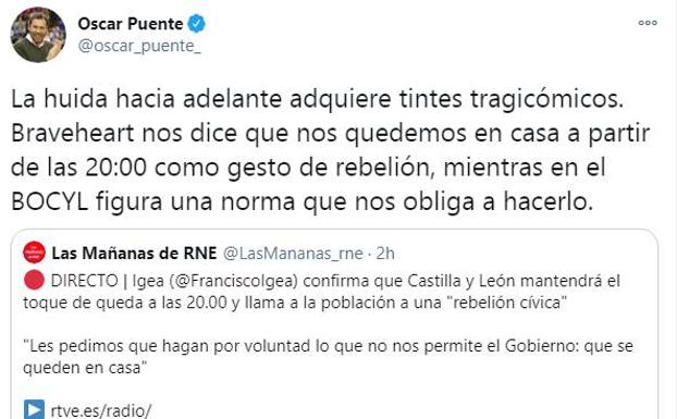 Puente apoda a Igea 'Braveheart' por llamar a la «rebelión cívica» y reclamar el autoconfinamiento